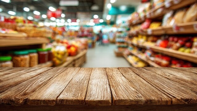 Empty rustic wooden table top with blurred supermarket grocery store background for product display.