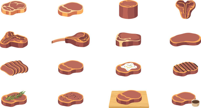 Set of premium steak and meat cut vector icons featuring various beef cuts and culinary preparation styles isolated