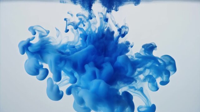 Rich cobalt blue ink slowly blooming through clear water on a seamless white background. Perfect for premium abstract motion backgrounds, corporate branding, advertising, presentations, and editorial 