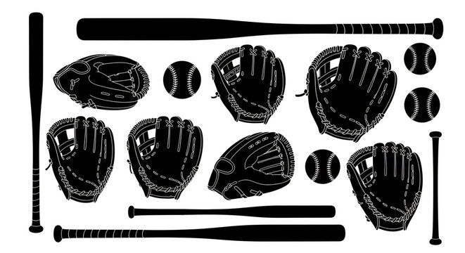 Baseball Equipment Silhouette Icon Set - Bats, Gloves, and Balls
