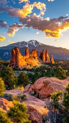 Naklejka premium Dramatic sunset paints majestic rock formations and snow-capped mountains.