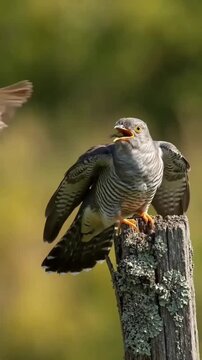 A tiny, devoted foster parent bird hovers effortlessly to feed a massive, hungry common cuckoo chick that has completely outgrown its nest and is perched on an old wooden post,
 red tailed hawk.