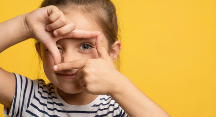 Fototapeta premium Cute little girl making a frame with her hands on a yellow background. Childhood concept.
