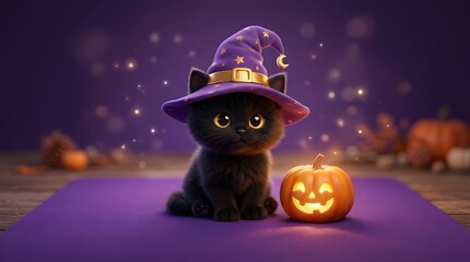 Fototapeta premium Cute black kitten wearing a purple witch hat next to a glowing pumpkin
