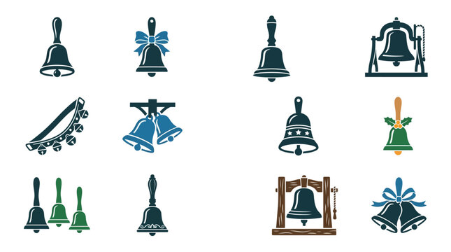 Set of classic bell icons including handbells, church bells, and school bells
