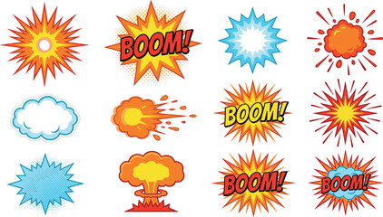 Comic book explosion vector effect set with bright boom speech bubbles dynamic fire bursts cloud puffs and stars isolated on white background © Mifta