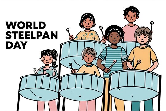 Diverse group of children playing steelpan drums together in a cheerful flat vector illustration