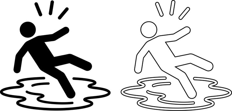 Warning vector icon set depicting a person slipping on a wet floor, suitable for safety signs, hazard caution symbols, and workplace accident prevention graphics.