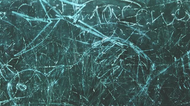 green classroom chalkboard filled with chaotic white chalk scribbles, erased drawings, geometric shapes, and abstract markings. The textured blackboard represents education, school life, creativity, b