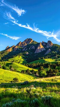 A vibrant landscape showcases rolling green hills leading to dramatic rock formations under a bright blue sky with wispy clouds.