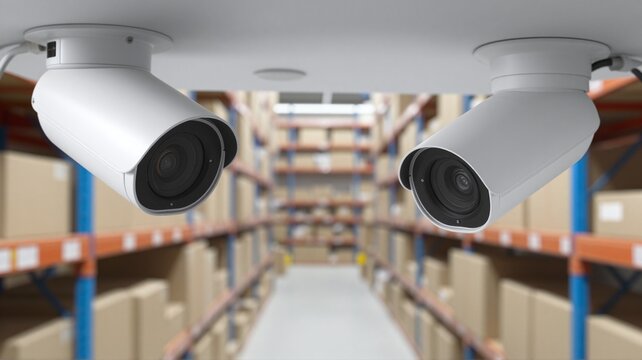 Security cameras in a warehouse. Surveillance system for safety and crime prevention. Modern technology for business.