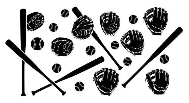 Baseball Equipment Silhouette Graphic Set with Bats, Gloves, and Balls