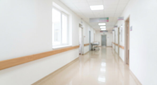 Blurred hospital corridor. Clean, bright, and modern interior. Healthcare concept.