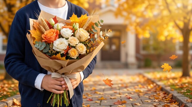 Student holding a beautiful bouquet of flowers in front of a school building during autumn. Teacher appreciation, first day of school, back to school, education and seasonal celebration concept