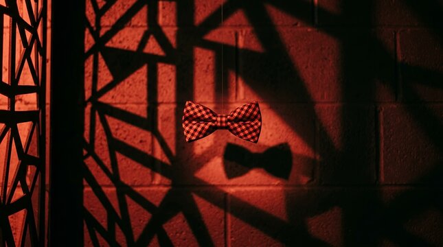 Classic checkered neck wear suspended in front of a moody geometric shadow cast by red illumination  tie necktie plaid hanging shadow pattern red black contrast style fashion gentleman