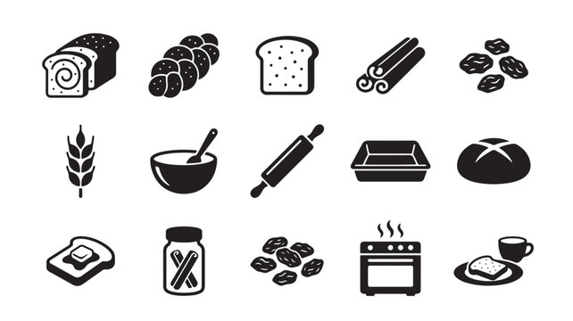 Bakery and bread making icons set, 15 black vector symbols of dough and baking equipment, minimalist kitchen tools and pastry shop graphics