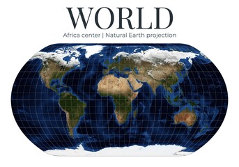 World Map. Natural Earth projection centered on Africa. Detailed physical map with gentle shapes. April View. Elements of this image furnished by NASA. © Eugene Ga