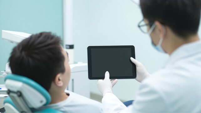 Dentist shows patient dental x-ray on tablet screen during consultation