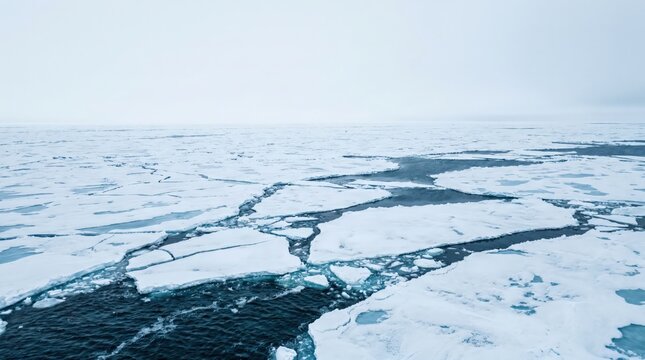 Arctic ice floes drift on dark ocean waters under a pale sky