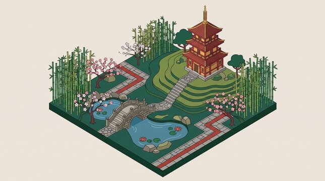 Scenic Chinese Garden with Pagoda and Stone Bridge