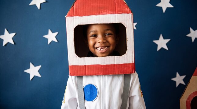 Happy young boy wearing a homemade cardboard astronaut helmet playing space explorer