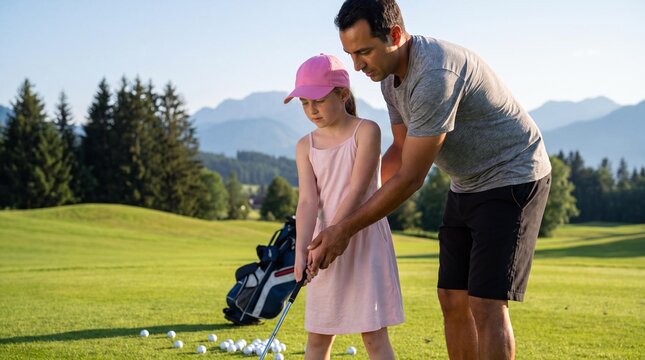 Father teaching his young daughter how to play golf on a scenic green course