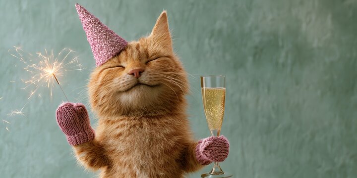 A happy ginger cat wearing a pink party hat and mittens, holding a burning sparkler and a glass of champagne against a green textured background. Perfect for holiday, birthday, or New Year party desig