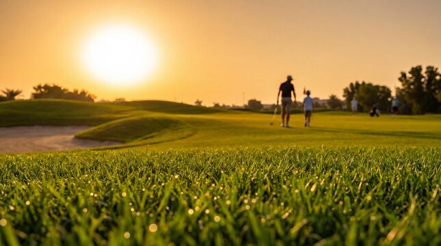 Golf instructor and young student walking on the green during a lesson at sunset
