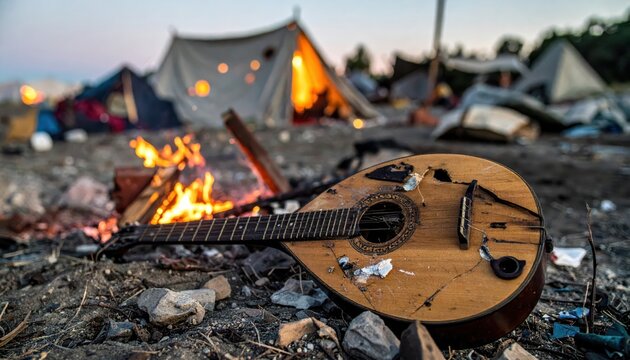 Damaged lute or mandolin resting near a campfire in a refugee camp setting with tents in the background at dusk