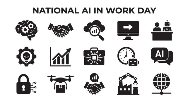 National AI in Work Day icon set, artificial intelligence business automation symbols, 15 black vector icons for corporate technology and robotics