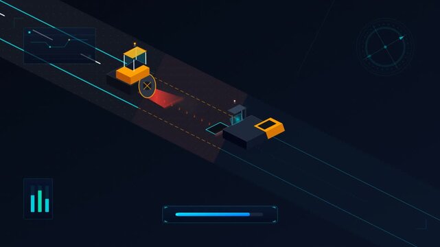 Isometric digital data processing animation with abstract UI elements