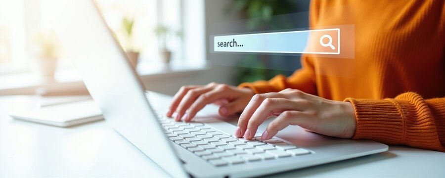 Woman hands type on laptop keyboard to access online search bar. Female user writes query into web browser interface for digital data research. Person works with modern computer technology to find