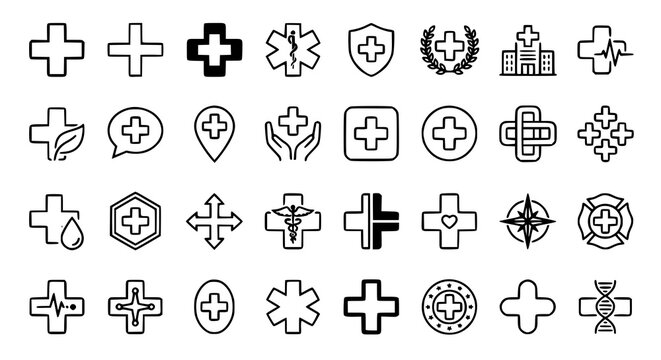 Healthcare Medical Cross Linear Icon Pack Editable Stroke Simple Outline Symbols for Web Apps Cards and Print