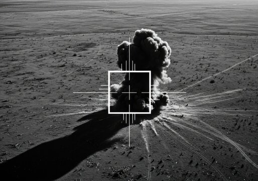 Aerial view of a powerful explosion in a desolate field with targeting reticle