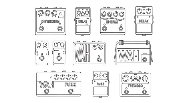 Minimalist Line Art Grid of Guitar Effect Pedals on White Background