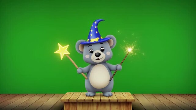 Cute Koala Wizard Character Levitating Star Wand on Green Screen Background