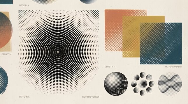 Assorted dot matrix gradient shapes displaying varied densities and circular patterns for retro print aesthetics  halftone design element set collection dot pattern texture gradient