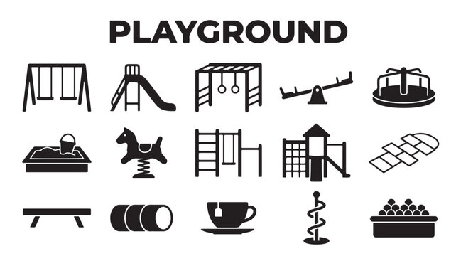 Playground equipment icon set, black silhouette park attractions and outdoor play elements, 15 vector icons for children recreation areas