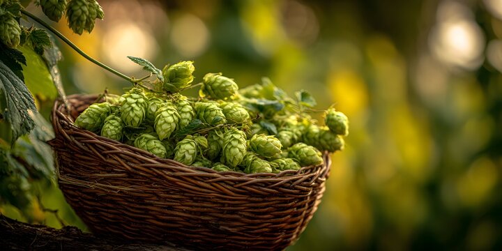 A rustic wicker basket filled with fresh green hop cones harvested in a sunlit field, perfect for craft beer brewing, Oktoberfest, and agricultural concepts.