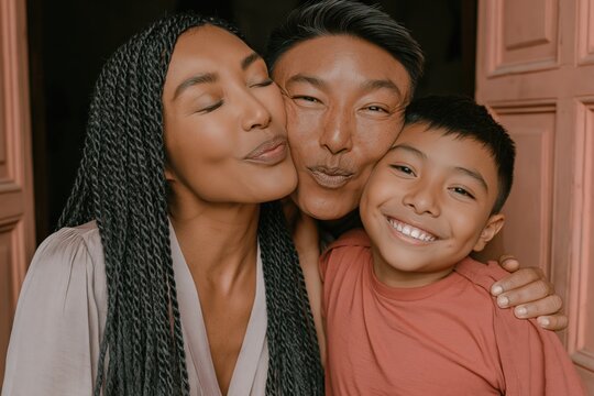 Happy family closeup with parents and son making kissy faces for banner background and parenting lifestyle design