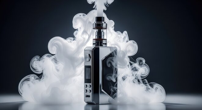 A high-tech electronic vaping device with a polished metallic finish sits amidst thick, artistic plumes of white vapor in a dark room, abstract, essence, innovation