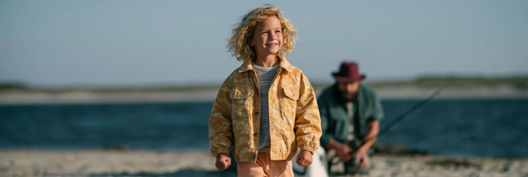 Smiling child on sandy beach with fishing rod and adult in background for family beach activity banner and outdoor background