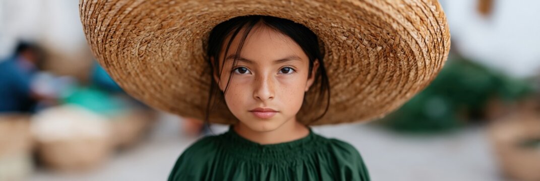 Panoramic portrait banner of girl wearing wide straw hat and green dress for website header and hero background