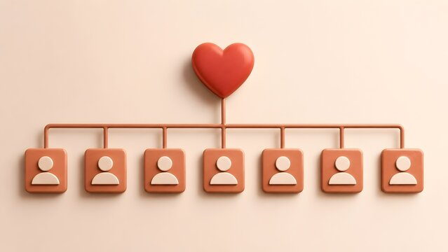 3D red heart connected to warm toned user profile icons representing family connection social bond and community love