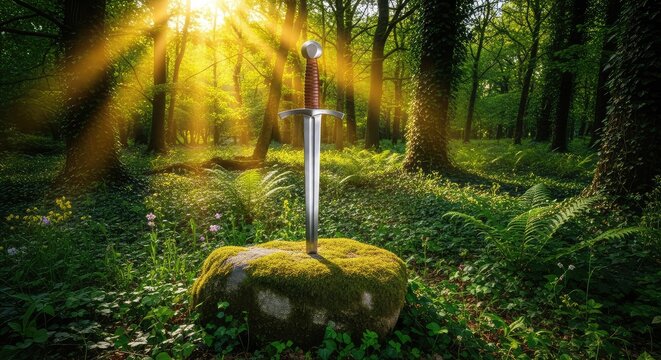 A medieval broadsword thrust into a mossy stone within a lush, sunlit woodland, golden light rays filtering through the dense green canopy, trees, ground, ancient