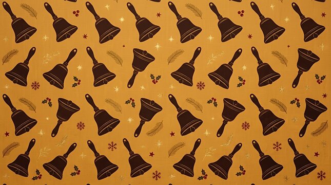 Repeating Silhouettes of Traditional Ringing Handbells on Warm Textured Ochre Surface for Festive Holiday Accents  pattern seamless background bell gold yellow warm backdrop repeat tile