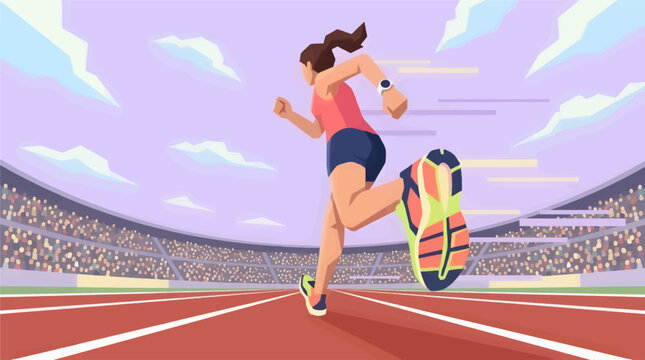 Woman Running on Athletics Track in Stadium, Flat Design Vector Illustration of Female Athlete Sprinting in Sports Arena, Low Angle Perspective with Motion Blur and Crowd Background