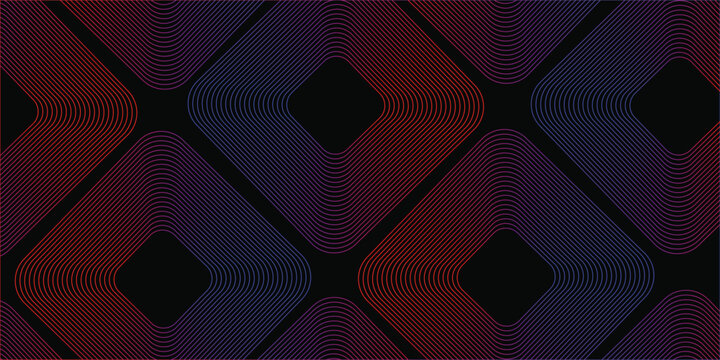 Abstract geometric seamless pattern with gradient, neon, retro, and linework diamond shapes on a black background, ideal for modern wallpapers, textiles, branding, and digital design.