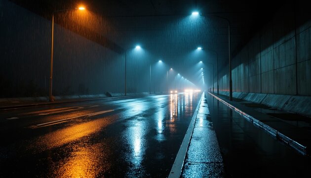 Wet asphalt road inside empty city underpass at night. Bright orange, blue street lights reflect on rainy ground surface. Dark gloomy weather with heavy downpour in urban tunnel. Modern highway