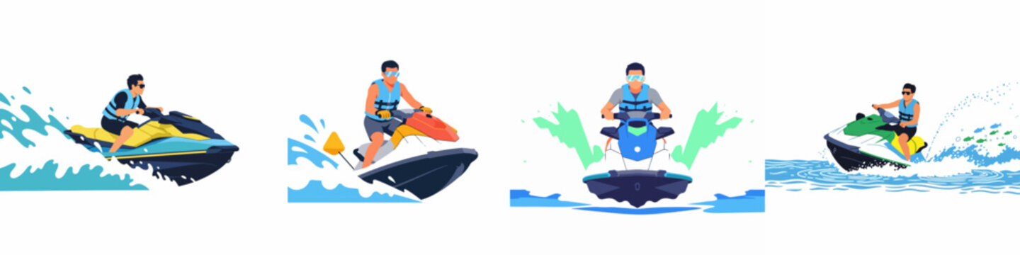 Set of four illustrations showing men riding jet skis on water waves, wearing life vests and sunglasses for summer recreation and water sports.